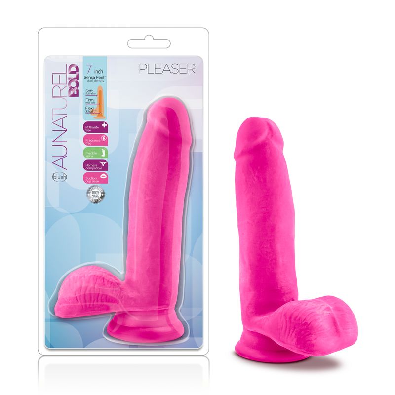 Au Naturel Bold Pleaser 7in dildo in pink, a realistic silicone dildo featuring lifelike texture and FlexiShaft technology.