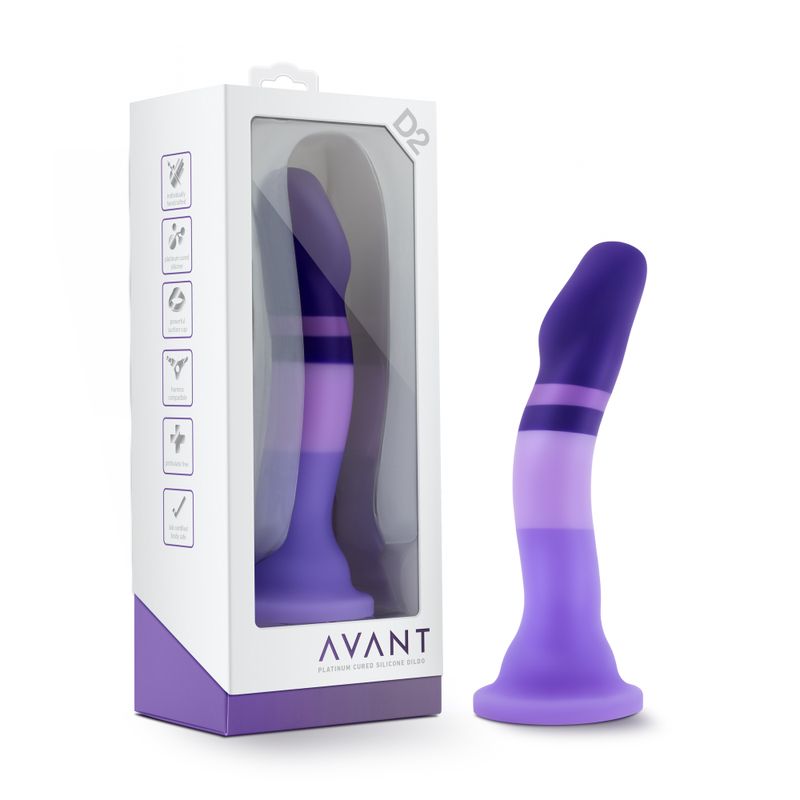 Avant D2 silicone dildo in elegant packaging, showcasing unique design and colorful silicone.