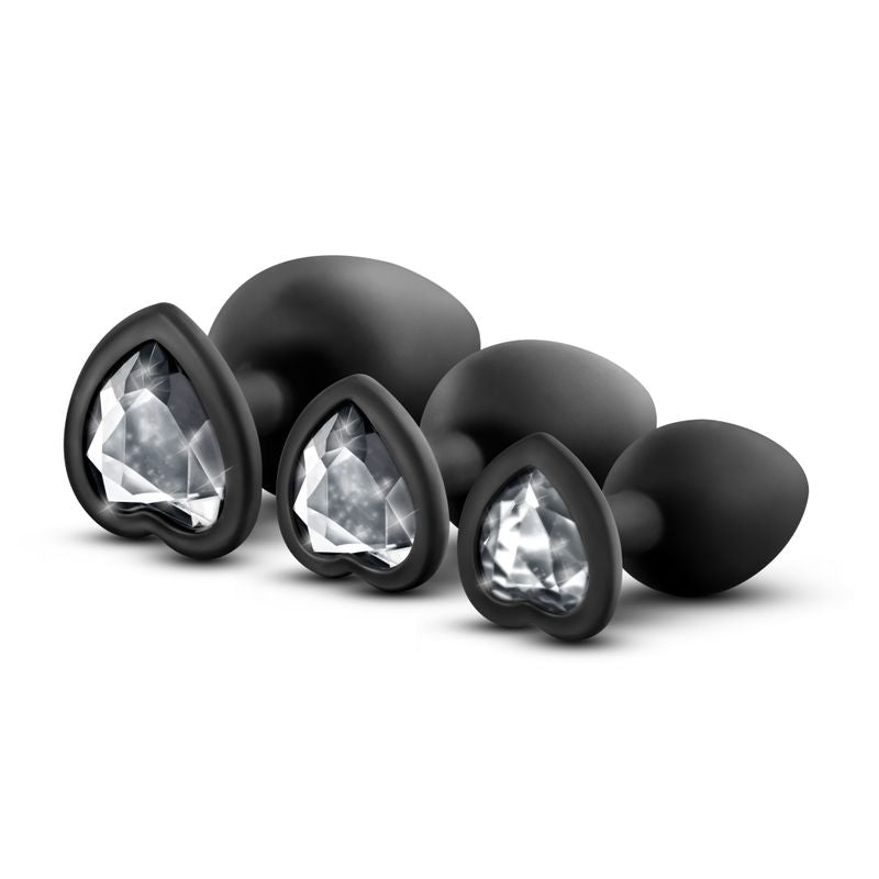 Luxe Bling Plugs Training Kit Black With Clear Gems - set of three anal plugs with tapered tips and clear gems.