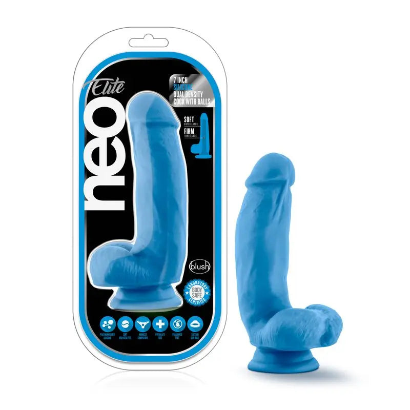 Neo Elite 7in Silicone Dual Density Cock with Balls Neon Blue Neo Elite Discreet Intimate Essentials.
