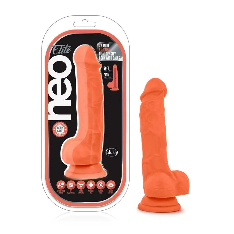 Neo Elite 7.5in Silicone Dual Density Cock with Balls Neon Orange Neo Elite Discreet Intimate Essentials.
