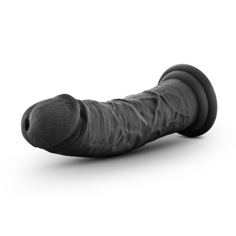 Curved silicone dildo in black with a textured shaft and suction cup base for enhanced pleasure.