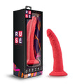 Ruse Jimmy dildo in bright red packaging and realistic design showcasing its curved shaft and suction cup base.
