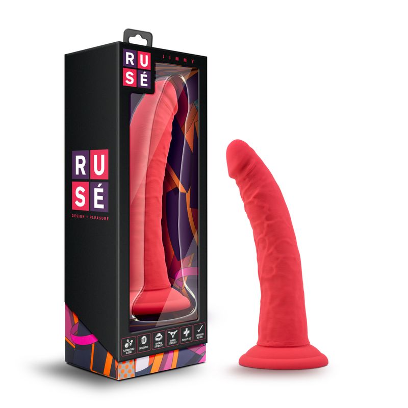 Ruse Jimmy dildo in bright red packaging and realistic design showcasing its curved shaft and suction cup base.