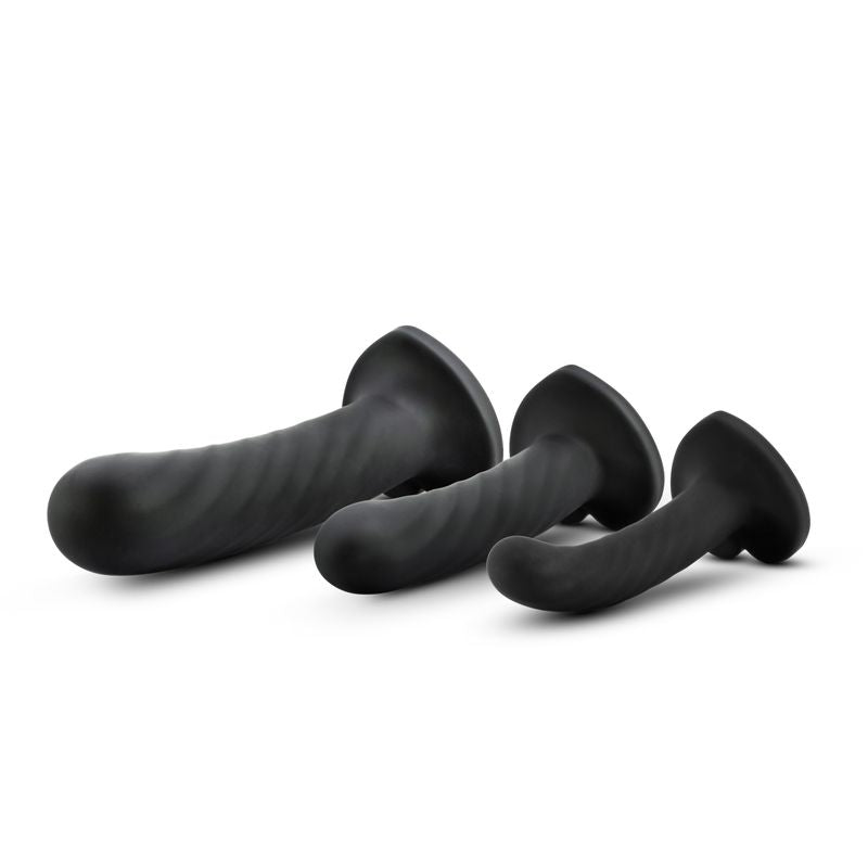 Temptasia Twist Kit Set of Three dildos with swirling texture for G-spot and anal stimulation, featuring heart-shaped bases.