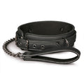Fetish collar With Leash made of sturdy faux leather with chain attachment for bondage play.