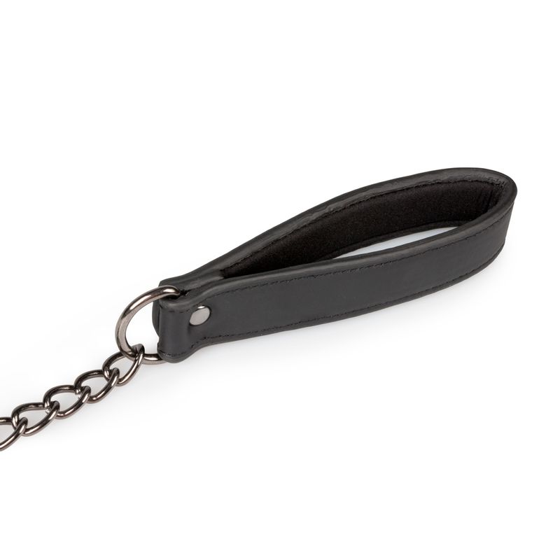 Fetish collar With Leash, close-up of the metal chain handle and faux leather grip for comfortable use.