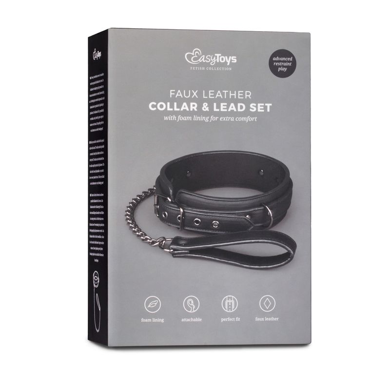 Fetish collar With Leash, faux leather collar and lead set with foam lining for comfort, adjustable for a perfect fit.