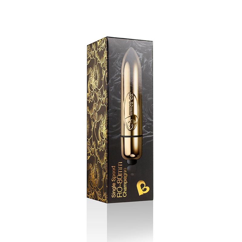 RO-80 Single Speed Bullet Champagne Gold packaging for a single speed bullet vibrator.