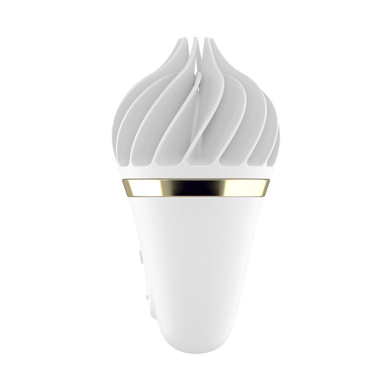 Satisfyer Sweet Treat review - elegant white and gold design, features rotatable head and waterproof body.
