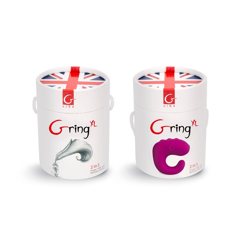 Gring XL finger vibrator packaging showcasing two vibrators, featuring ergonomic design and colorful exterior.