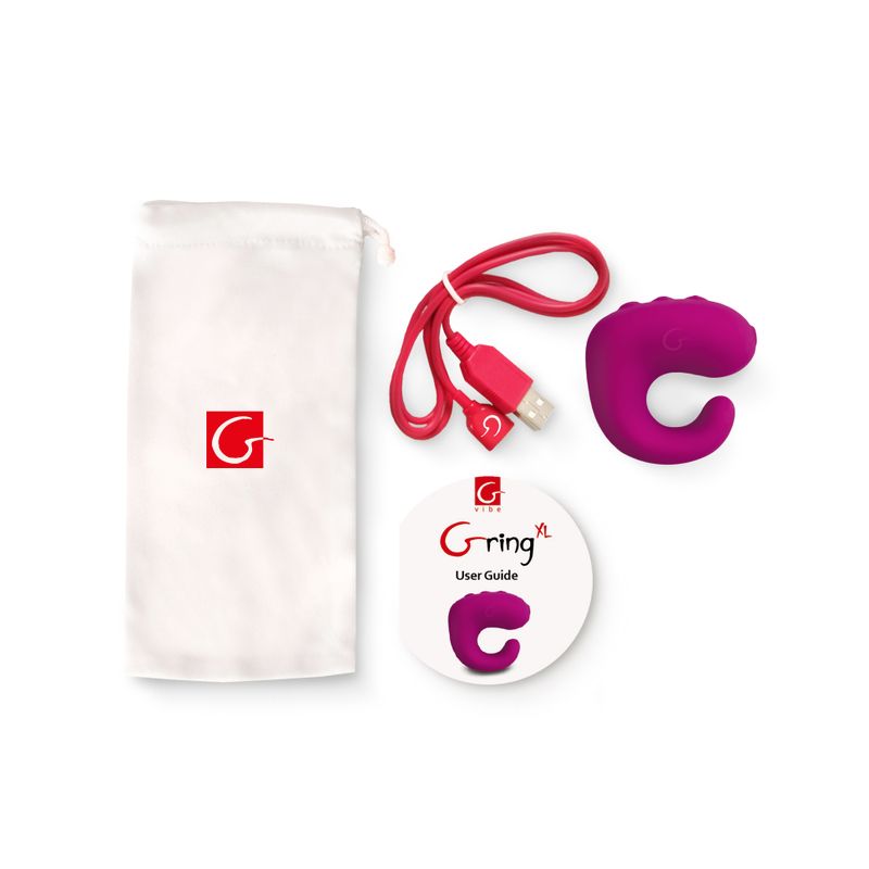 Gring XL finger vibrator, USB charging cable, user guide, and storage pouch in vibrant colors.