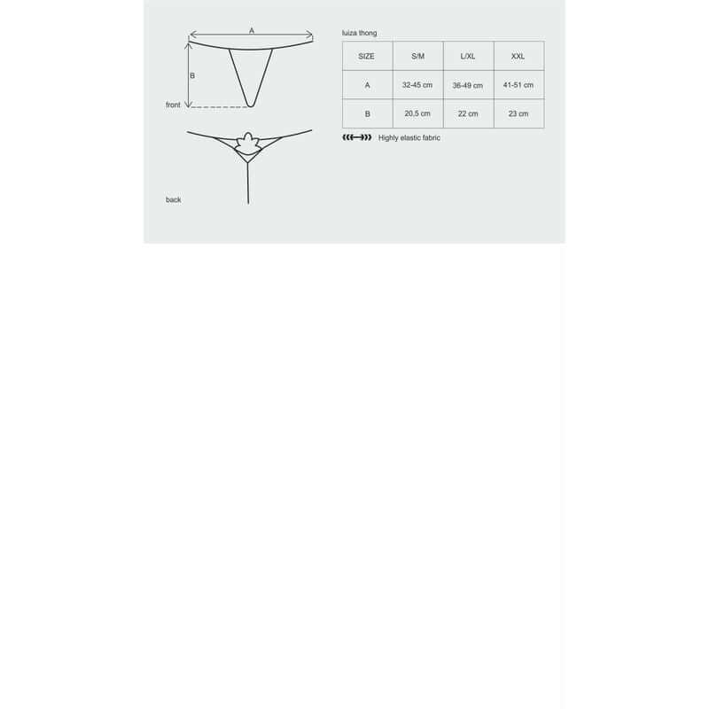 Elegant flower embroidered thong size chart and design guide with elastic fabric details.