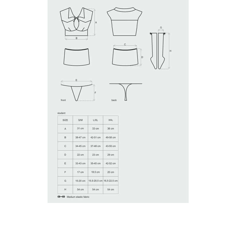 Size chart for the naughty student costume, featuring measurements for different sizes and garment details.