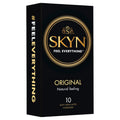 SKYN Original Condoms 10 Pc box featuring soft non-latex material for intimate essentials, promoting a natural experience.