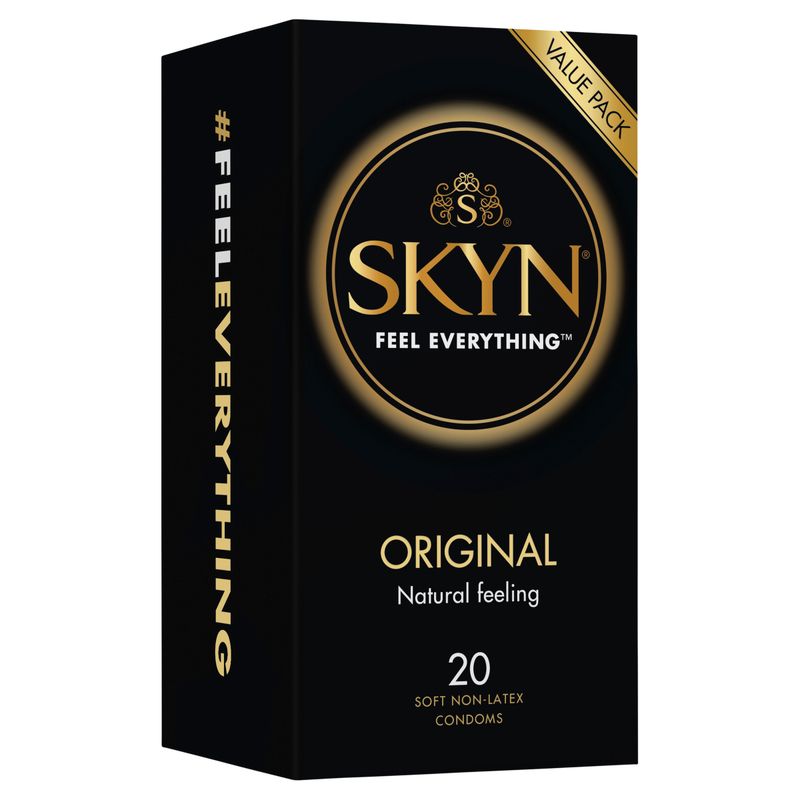 SKYN Original Condoms 20 Pc packaging featuring soft non-latex material for an intimate experience.