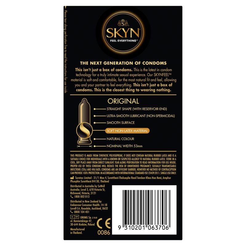 SKYN Original Condoms 20 Pc packaging highlighting the next generation of condoms with soft non-latex material.