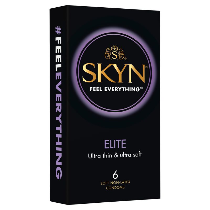SKYN Elite Condoms 6 box featuring ultra thin and ultra soft non-latex design for intimate essentials.