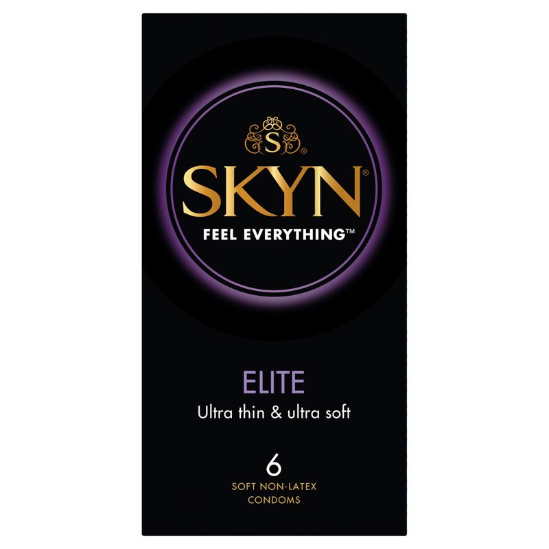 SKYN Elite Condoms 6 packaging, ultra thin and soft non-latex condoms for an intimate experience.
