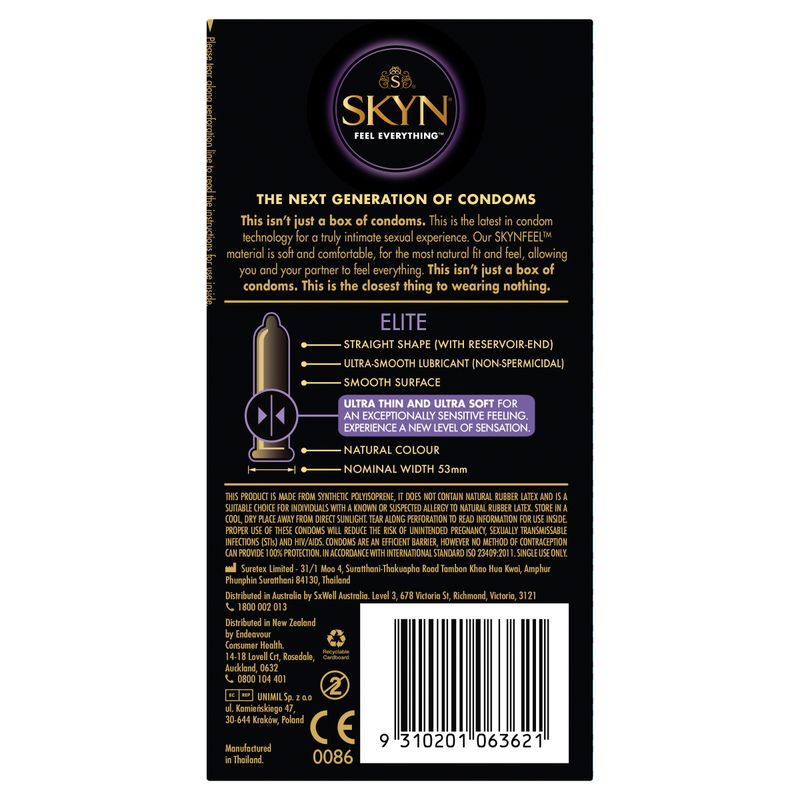 SKYN Elite Condoms 6 packaging showcasing features of ultra-smooth surface and natural color for intimate essentials.