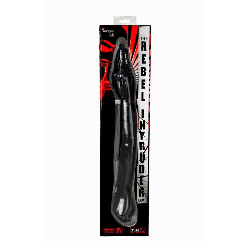 The Rebel Intruder double ended dildo with fist and hand, 21.65 inches long, packaging display on white background.