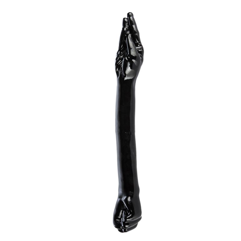 Double ended dildo with fist and hand, featuring a realistic design and sleek black finish.