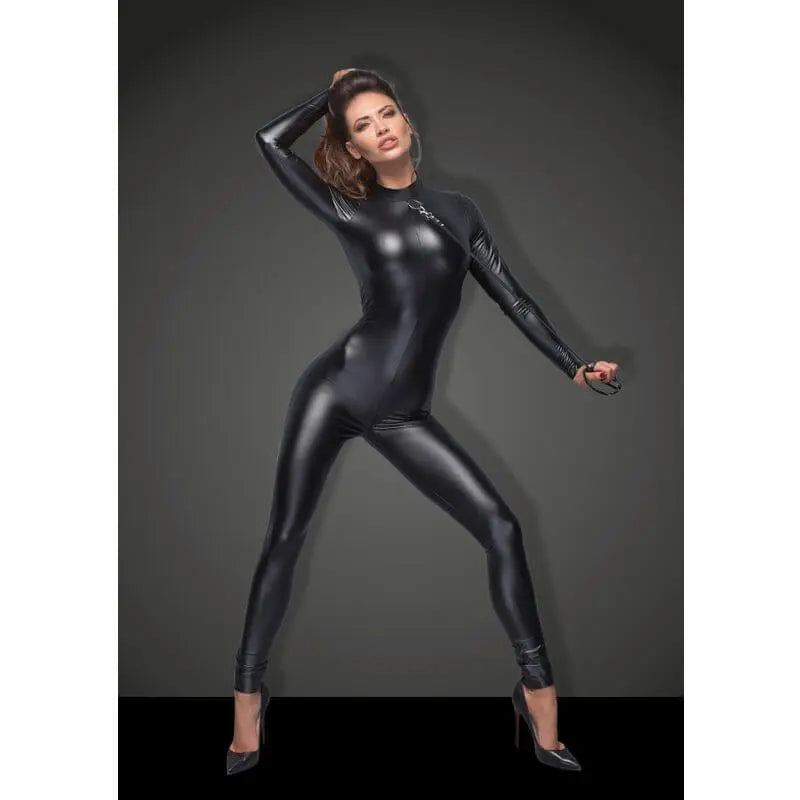 Power Wetlook Overall With Leash And 2 Way Zipper Noir Discreet Intimate Essentials.