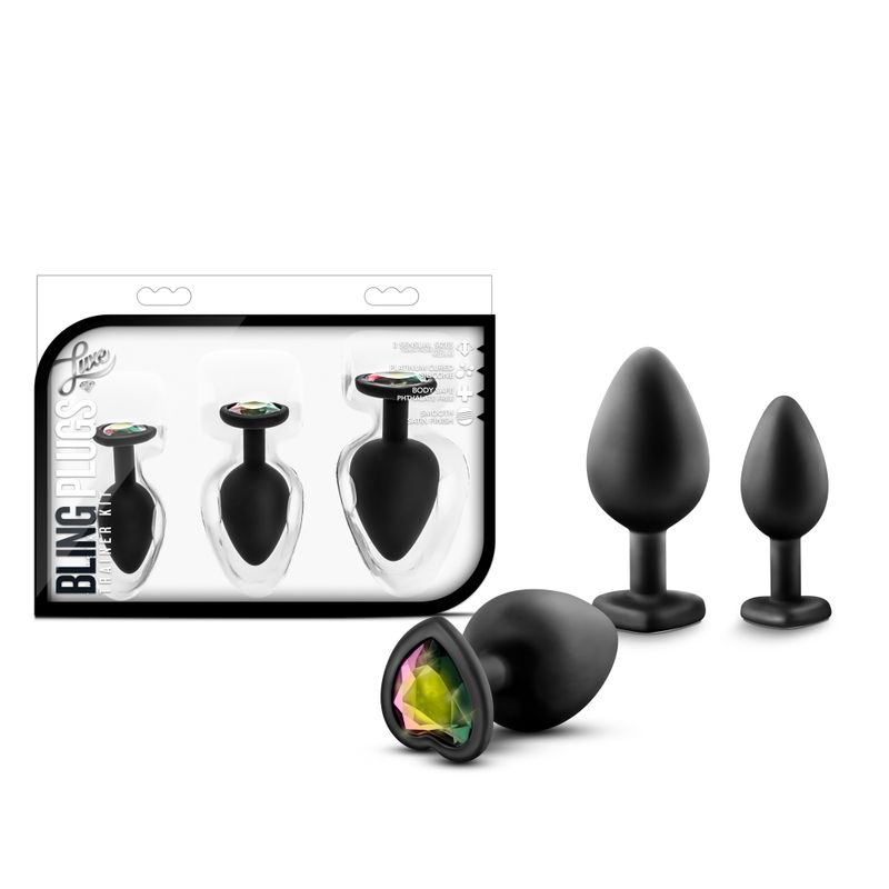Luxe Bling Plugs Training Kit Black With Rainbow Gems showcasing three anal plugs in packaging, perfect for intimate essentials.