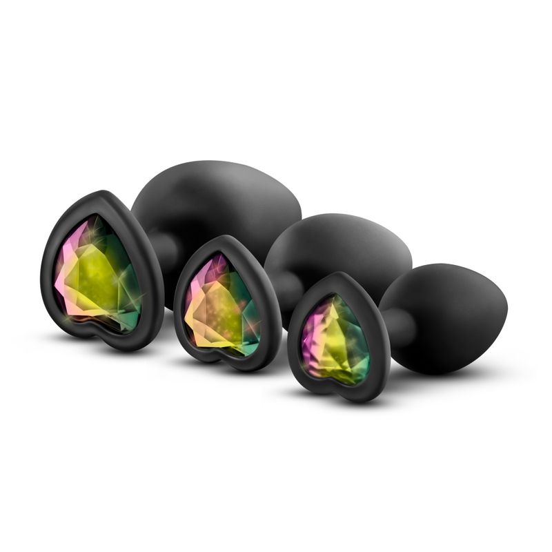 Luxe Bling Plugs Training Kit Black With Rainbow Gems featuring three sizes of tapered anal plugs for comfortable training.