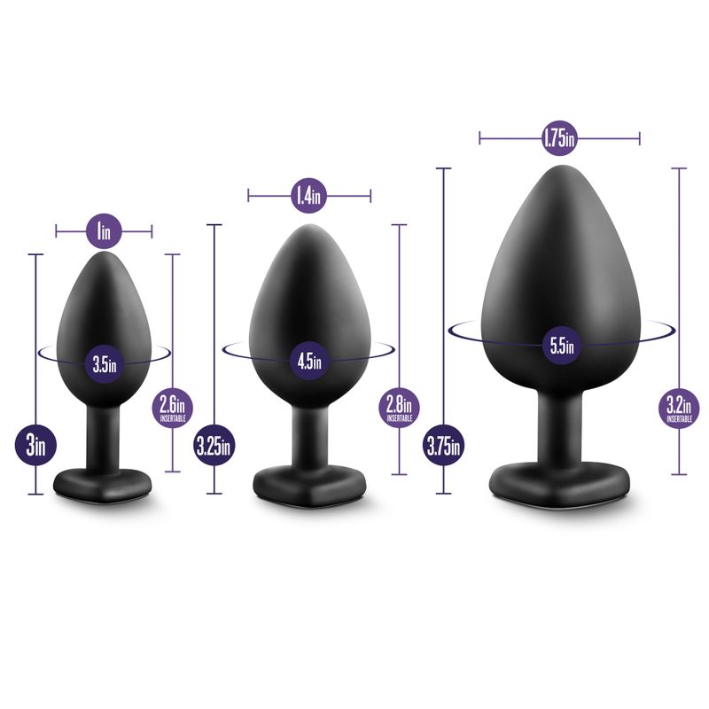 Luxe Bling Plugs Training Kit Black With Rainbow Gems showing size measurements for small, medium, and large plugs