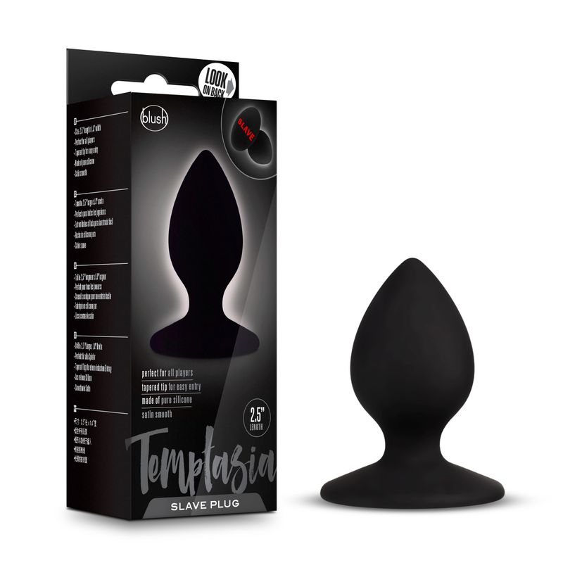 Temptasia Slave Plug Black packaging with product displayed, ideal for intimate essentials for her.