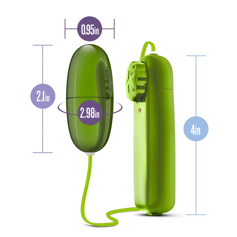 B Yours Power Bullet in lime color, showing size dimensions for clitoral stimulation bullet