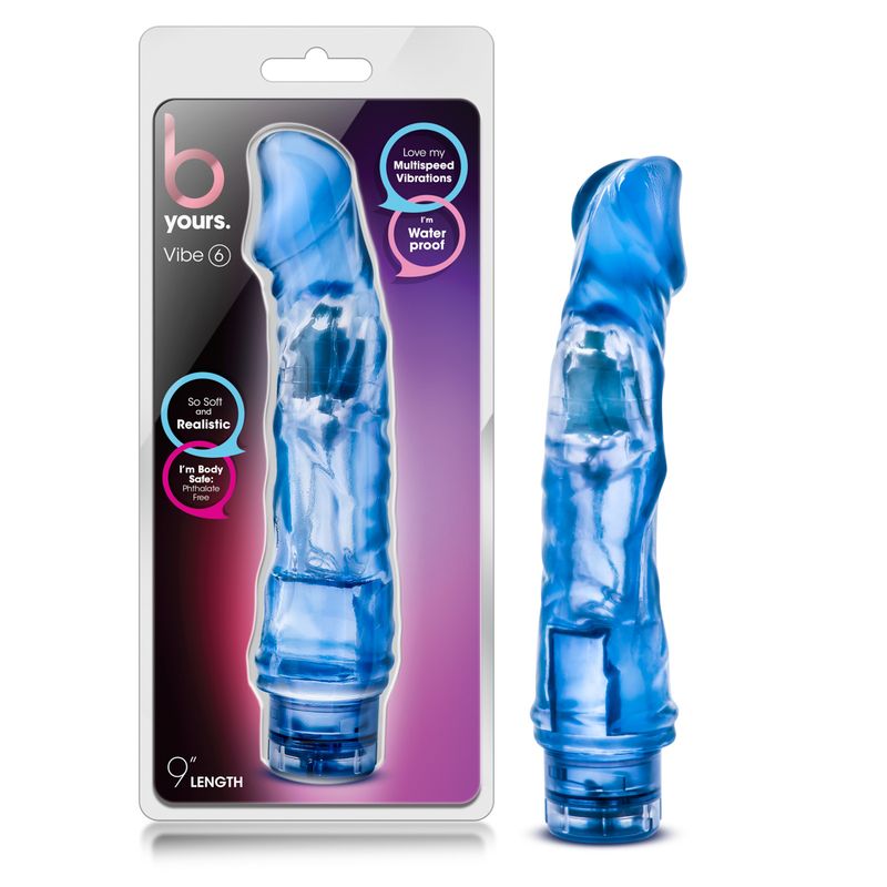 B Yours Vibe 6 blue realistic waterproof vibrator, 9 inches long, featuring multispeed vibrations and waterproof design.