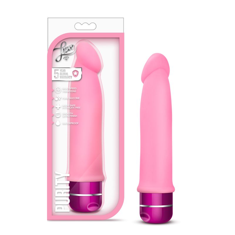 Luxe Purity Pink silicone vibe for erotic adventures in a sleek design, featuring soft texture and waterproof capabilities.