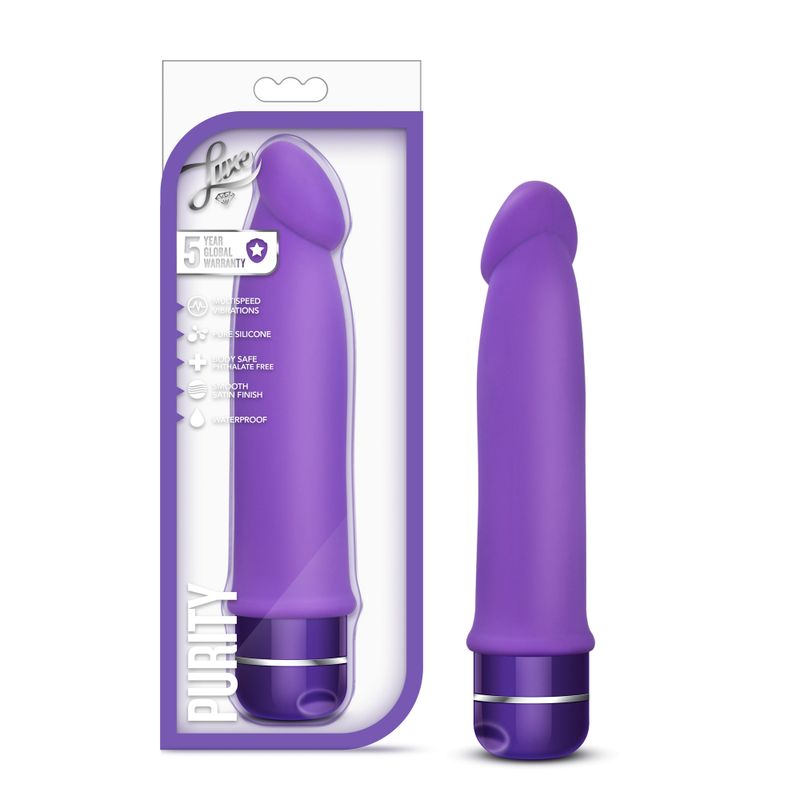 Luxe Purity Purple silicone erotic massager in packaging showcasing its sensual design and features.