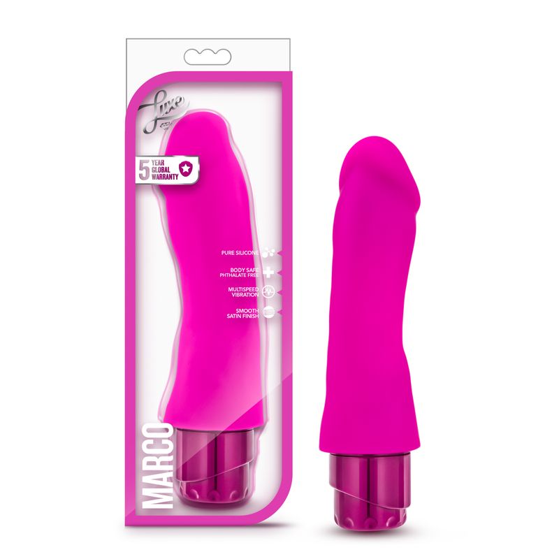 Luxe Marco Pink girthy vibrating toy in packaging, body safe silicone, multi-speed vibrations, perfect for G-spot play.