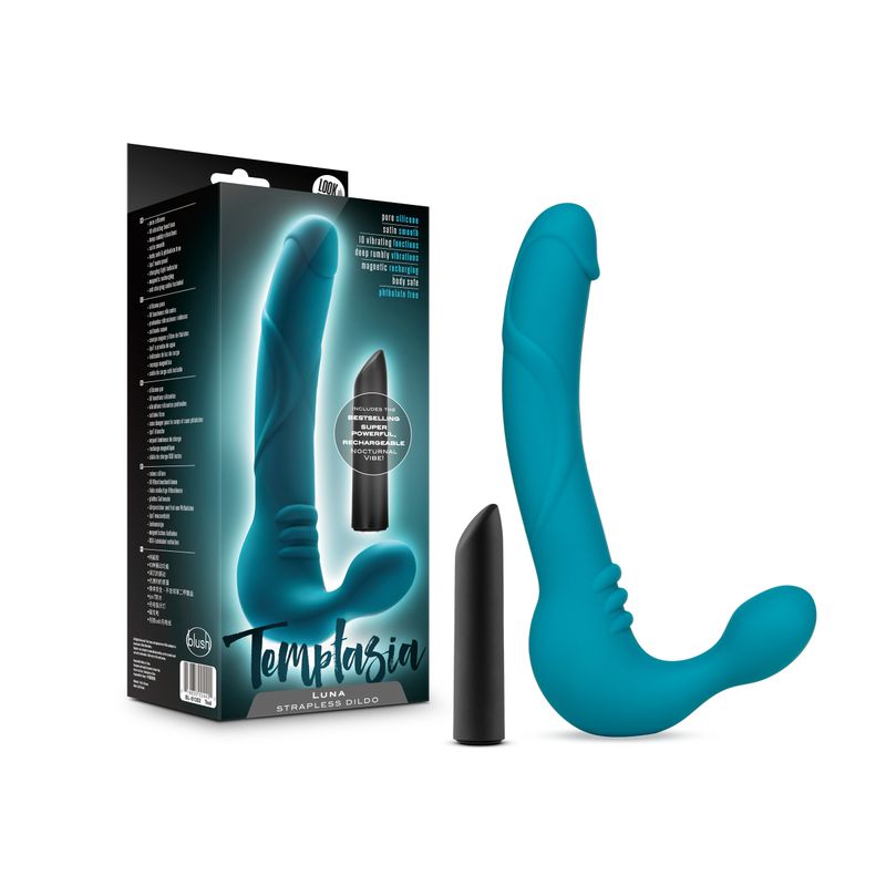 Temptasia Luna Strapless Silicone Dildo Teal, a strapless silicone dildo with vibrating bullet, elegantly designed for pleasure.