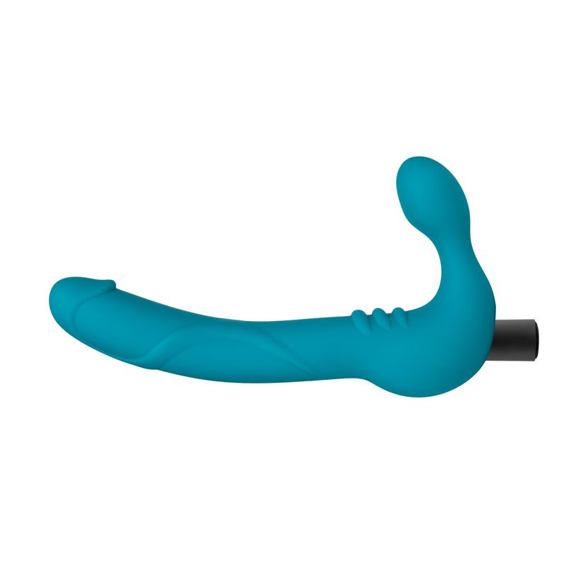 Temptasia Luna strapless silicone dildo with vibrating bullet in teal color, featuring a curved design for pleasure.