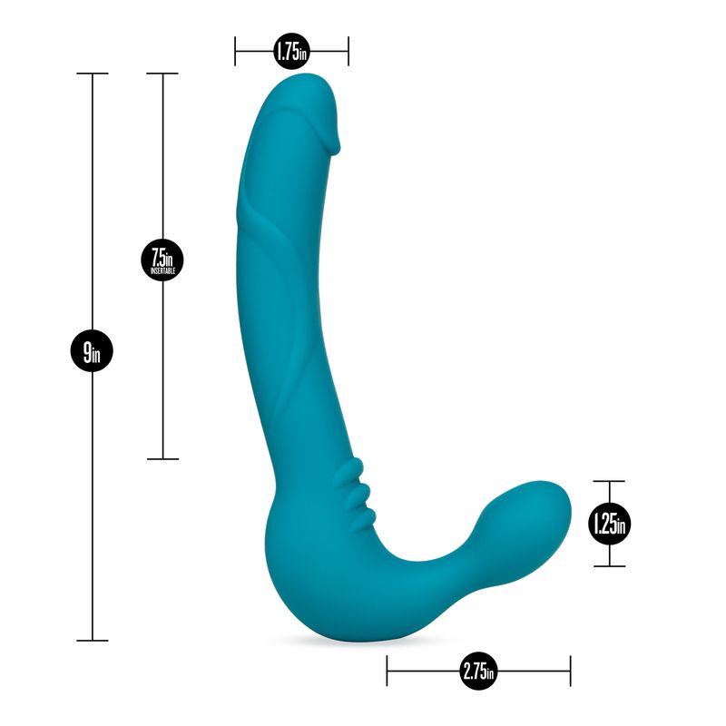 Temptasia Luna Strapless Silicone Dildo Teal, strapless silicone dildo with vibrating bullet, dimensions shown