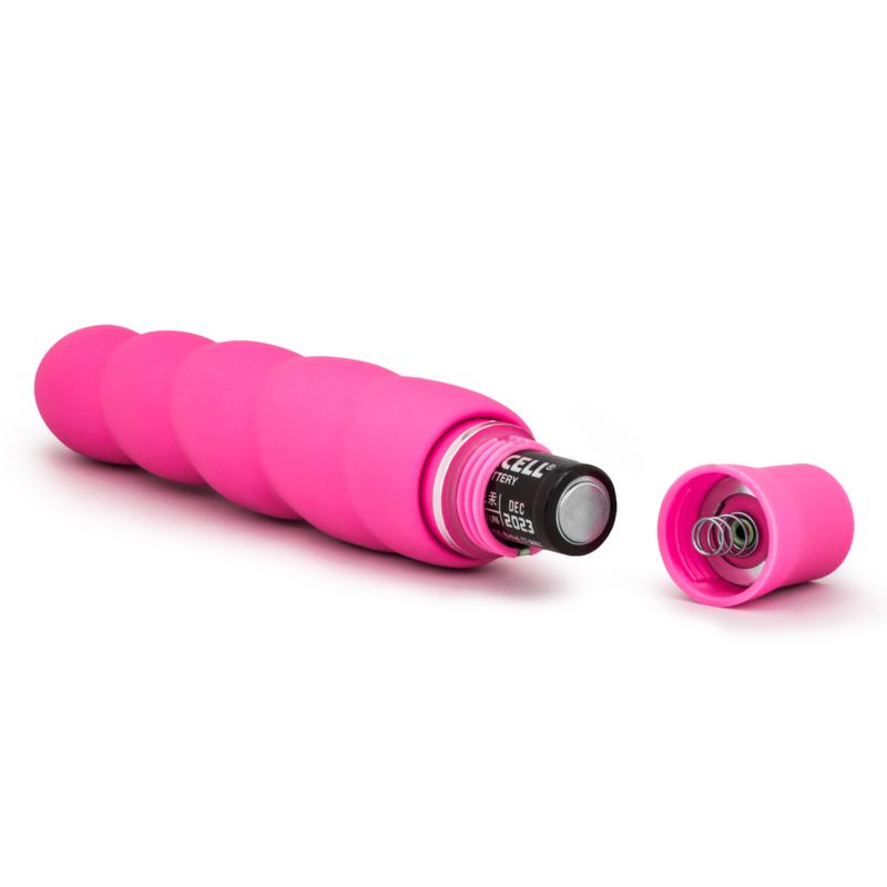 Luxe Anastasia vibrator with pink silicone design and battery compartment shown, highlighting its modern features.