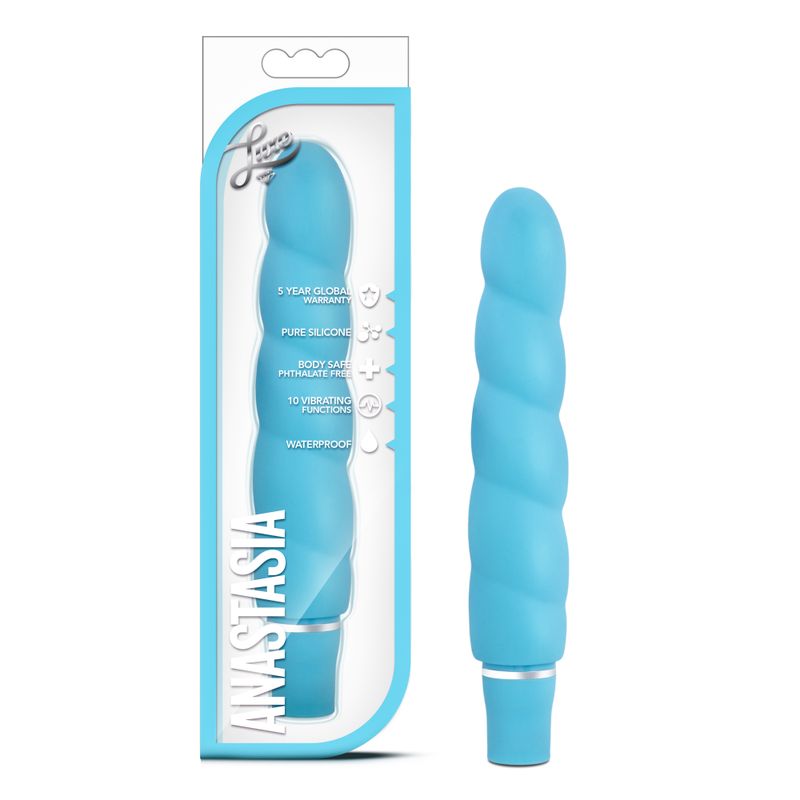 Luxe Anastasia vibrator in blue, featuring a satin finish and 10 vibrating functions, displayed in packaging.