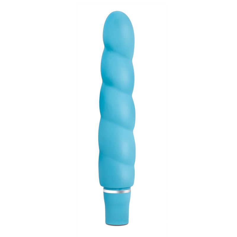 Luxe Anastasia vibrator showcasing its spiral design and smooth satin finish in vibrant blue color.