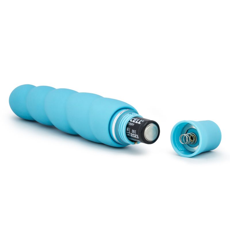 Luxe Anastasia vibrator in soft blue silicone, showcasing its battery compartment and smooth satin finish.