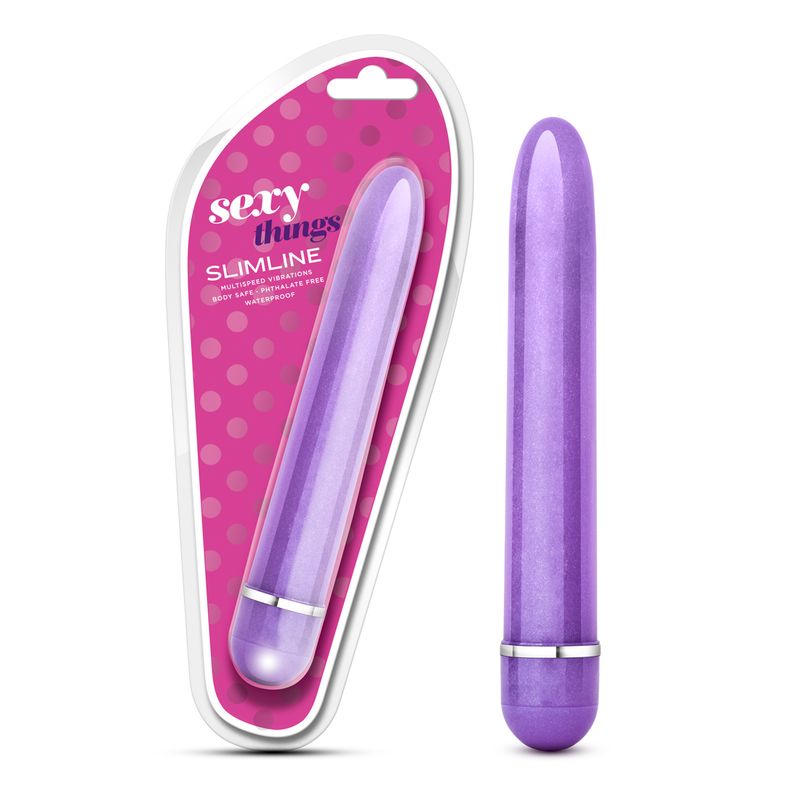 Sexy Things Slimline Vibe, a purple waterproof vibrator in packaging, showcasing its sleek design and texture.