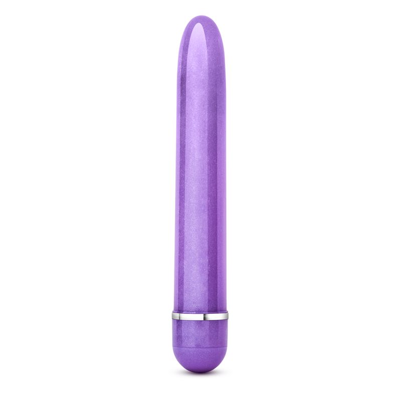 Purple waterproof vibrator, slimline design, multi-speed settings, shiny finish for versatile pleasure.