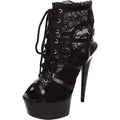 Black Lace Open Toe Platform Ankle Bootie 6in Heel on a white background with detail of the lace and strap design.