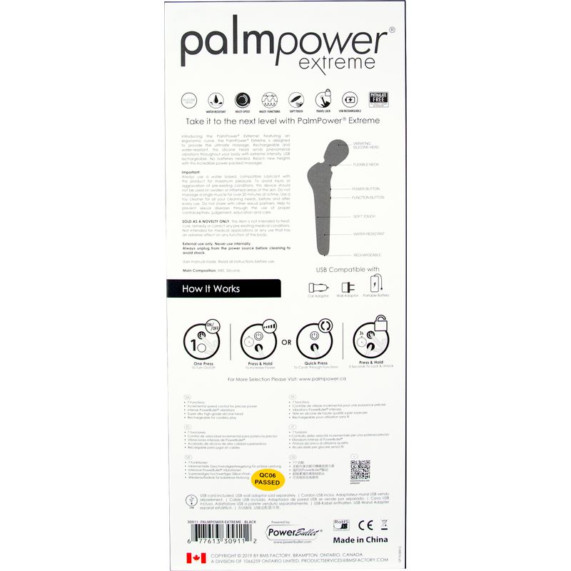 Palmpower Extreme pack with features and instructions for the rechargeable silicone wand, showcasing ergonomic design and USB compatibility.