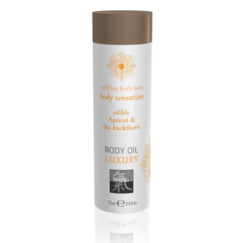 Shiatsu Luxury Body Oil Edible Apricot and Sea Buckthorn, an enticing edible massage oil.