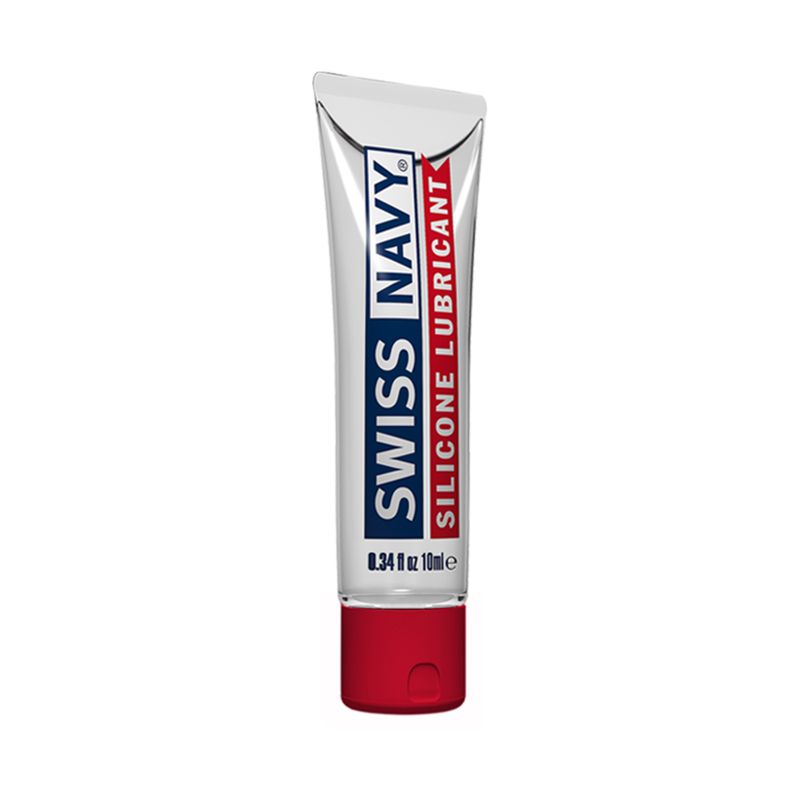 Swiss Navy Silicone Lubricant 10ml tube featuring sleek design for intimate essentials.