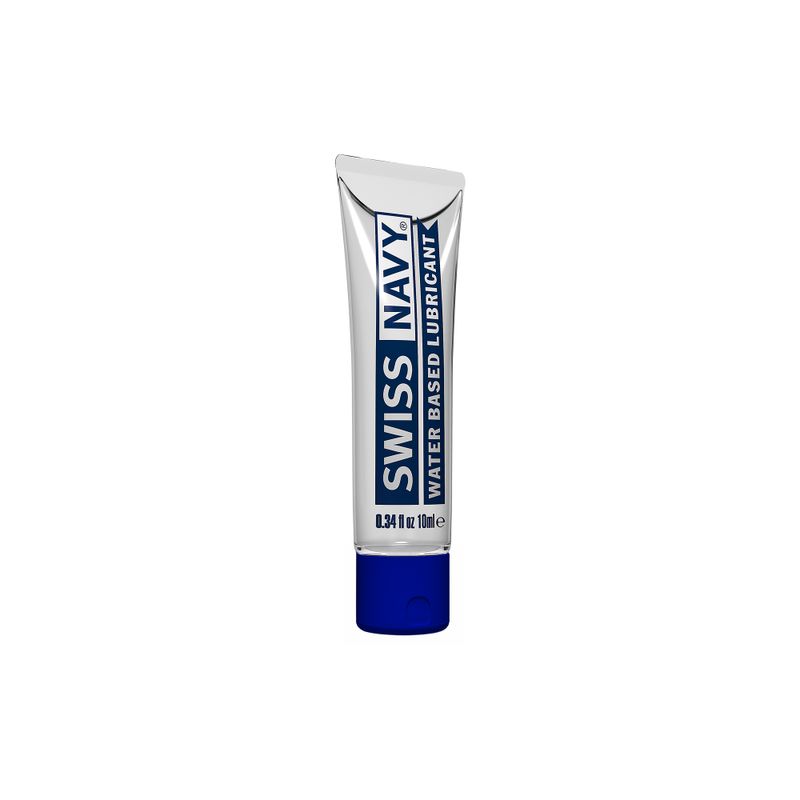 Swiss Navy Water Based Lubricant 10ml tube for enhancing intimate essentials and pleasure.